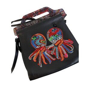 Min & Mon Black Leather Octopus Design Handbag Colorful Crossbody EUC
